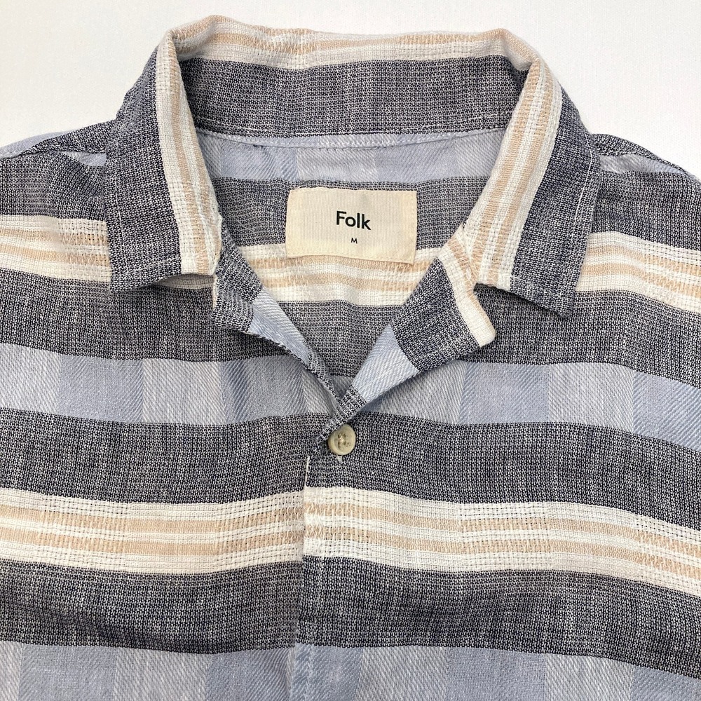 Folk‎ Blue Stripe Linen Cotton Blend Short Sleeve Button Up Casual Mens Medium